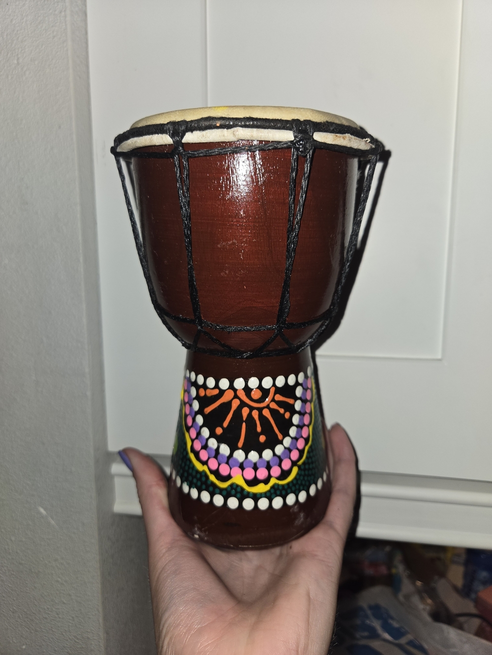 Handpainted Mini Djembe Drum - Brown with Multicolor Dot Design